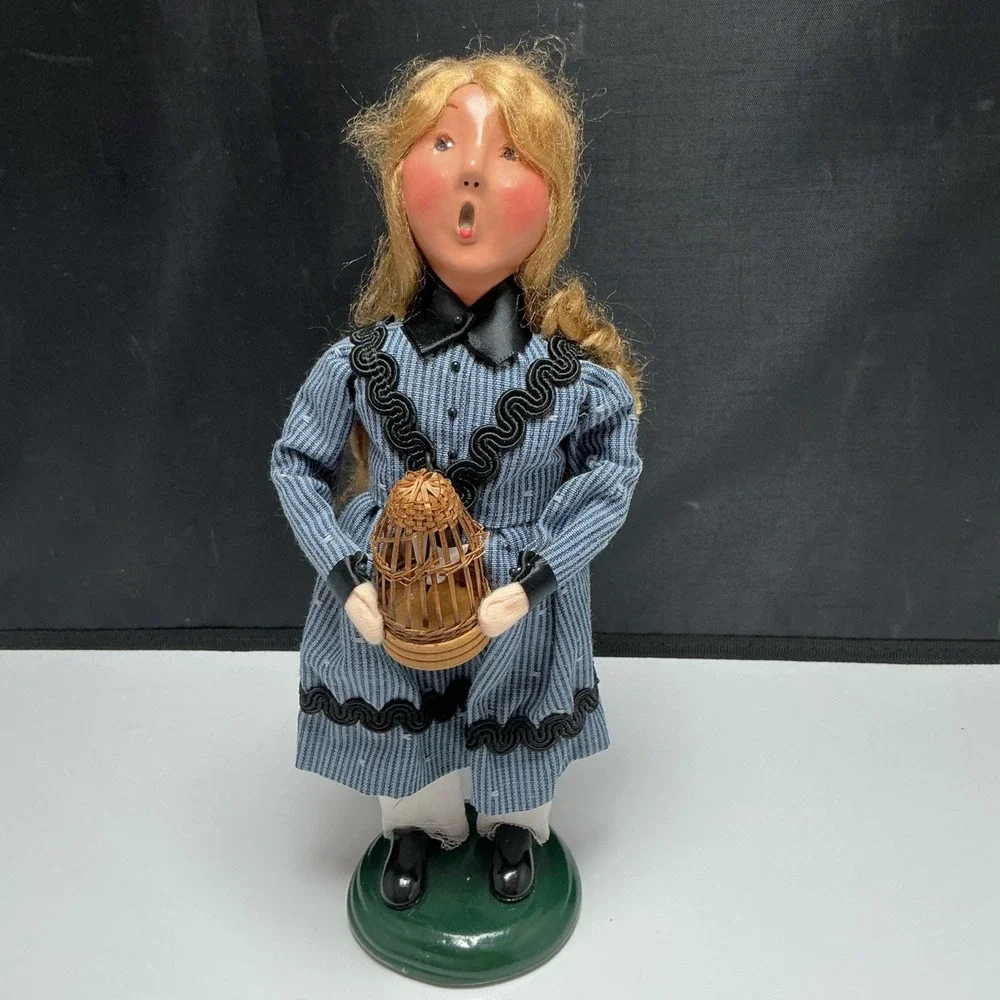 Byers Choice Girl with Birdcage Figurine Blue Dress Wicker Bird On Perch